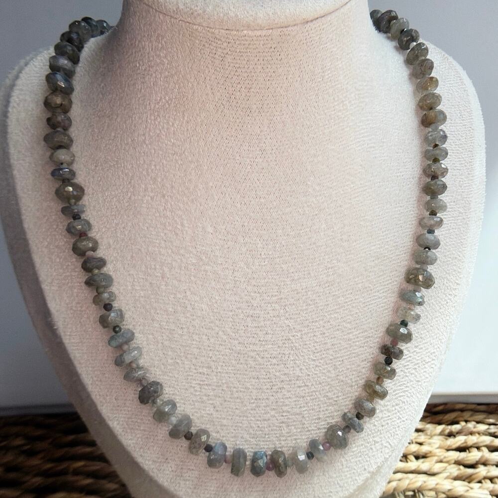 19" Gemstone Necklace, AB Labradorite & Watermelon Tourmaline, Gray, Pink, Black